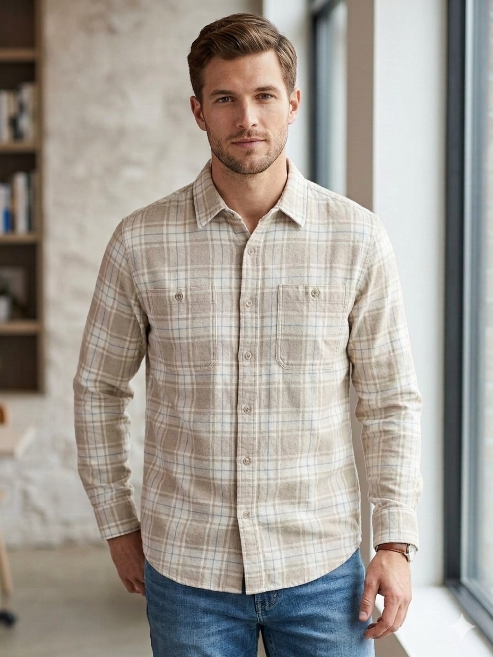 Men's Tan Plaid Long-Sleeve Casual Button-Down Shirt